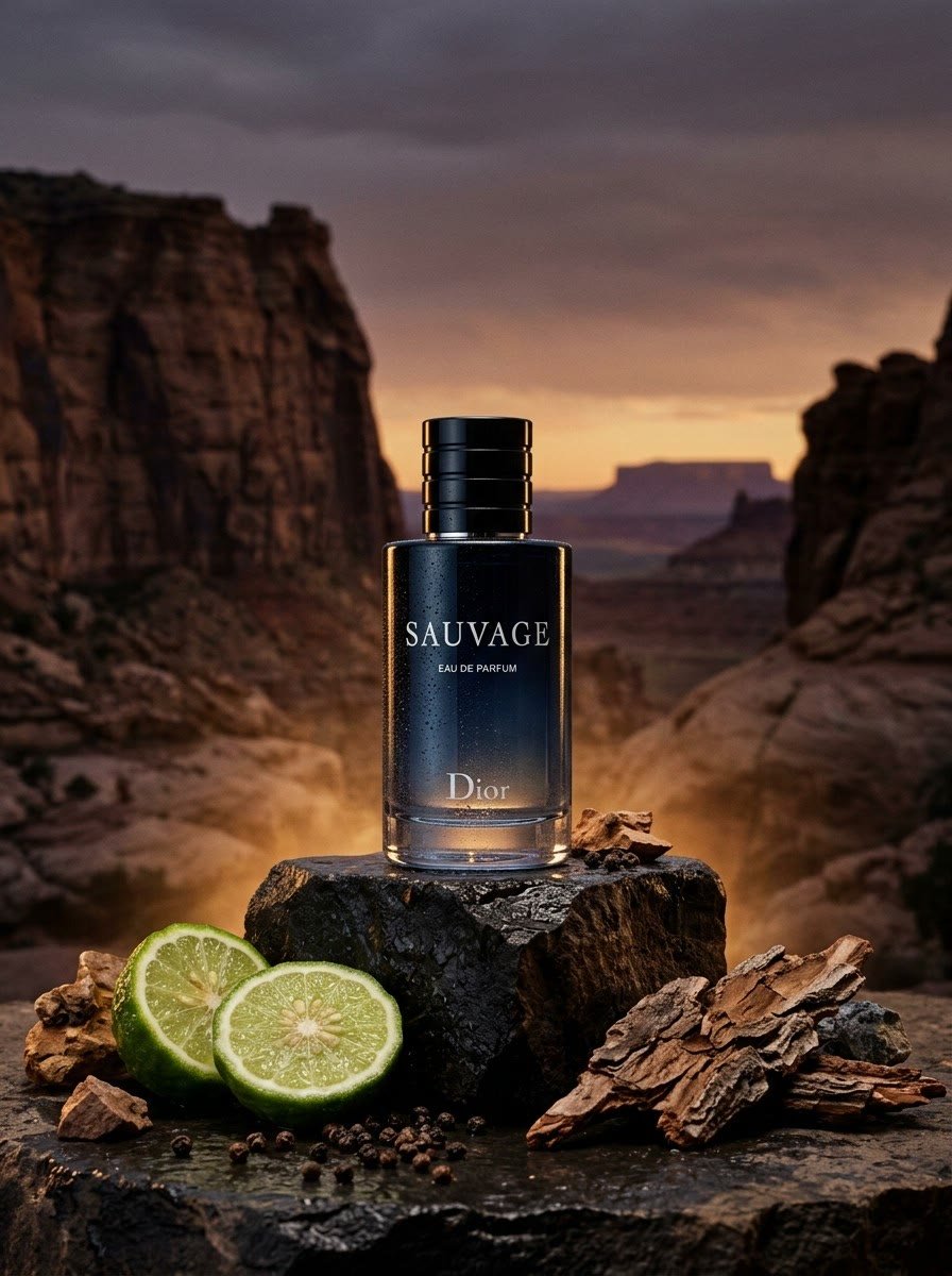 Dior Sauvage Eau de Parfum sobre una roca, con bergamota y pimienta